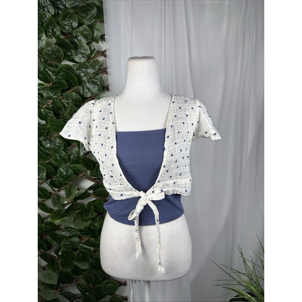 American Eagle White Blue Polka Dot Smocked Cropped Top Set Sz M Festival Boho
